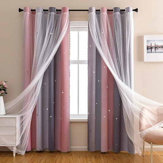 XiDi Dream Star Blackout Curtains for Kids Rooms Girl Princess Curtain for Daughter Bedroom Window (Pink Grey, W34 X L63)