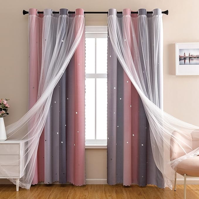 XiDi Dream Star Blackout Curtains for Kids Rooms Girl Princess Curtain for Daughter Bedroom Window (Pink Grey, W52 X L96)