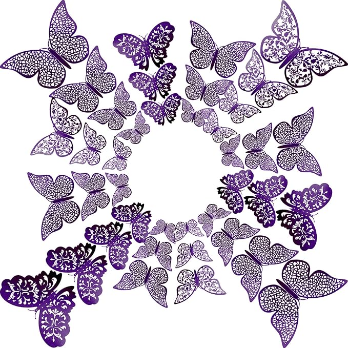Bememo 72 Pieces 3D Butterfly Wall Decals Sticker Decal Wall Decor Art Decorative Sticker 3 Sizes for Room Offices Bedroom Bathroom Living Room Decor(Purple)