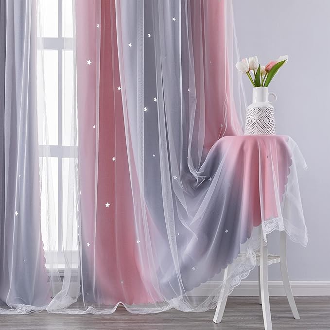 XiDi Curtains for Bedroom Decor, Rainbow Pink-Grey-34-54