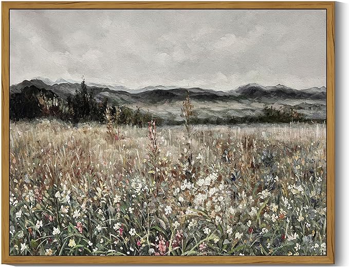 SHENIFY Vintage Landscape Framed Wall Art Meadow Flowers Farmhouse Decor Retro Classic Painting for Kitchen Living Room Bedroom Bathroom - 11x14in Natural Framed