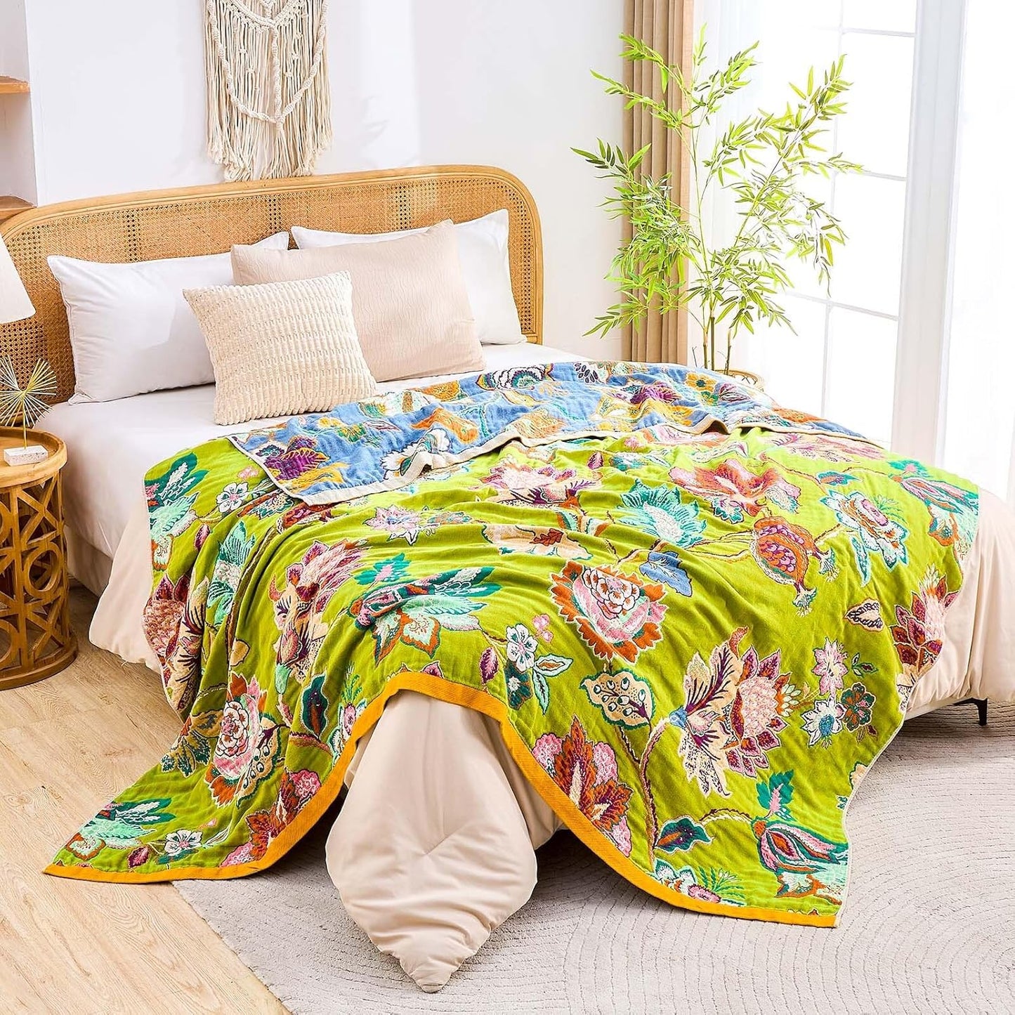 Fall Throw Blanket, 100% Cotton Soft Rustic Boho Throw Blanket for Bed, 60"x80" Farmhouse Decor Bed Flower Blankets, Light Weight Reversible Bohemian Throw Quilt