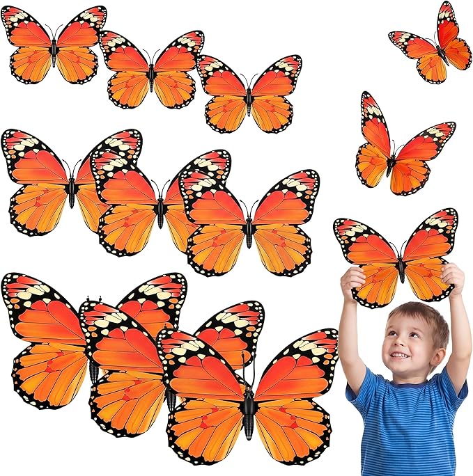 Chuangdi 12 Pcs Orange Large Monarch Butterfly Decorations 3 Size 12inch,9inch,6inch Fake Butterflies Realistic Butterfly Craft Artificial Mariposas Wall Decor for Craft Wedding Home Birthday Party