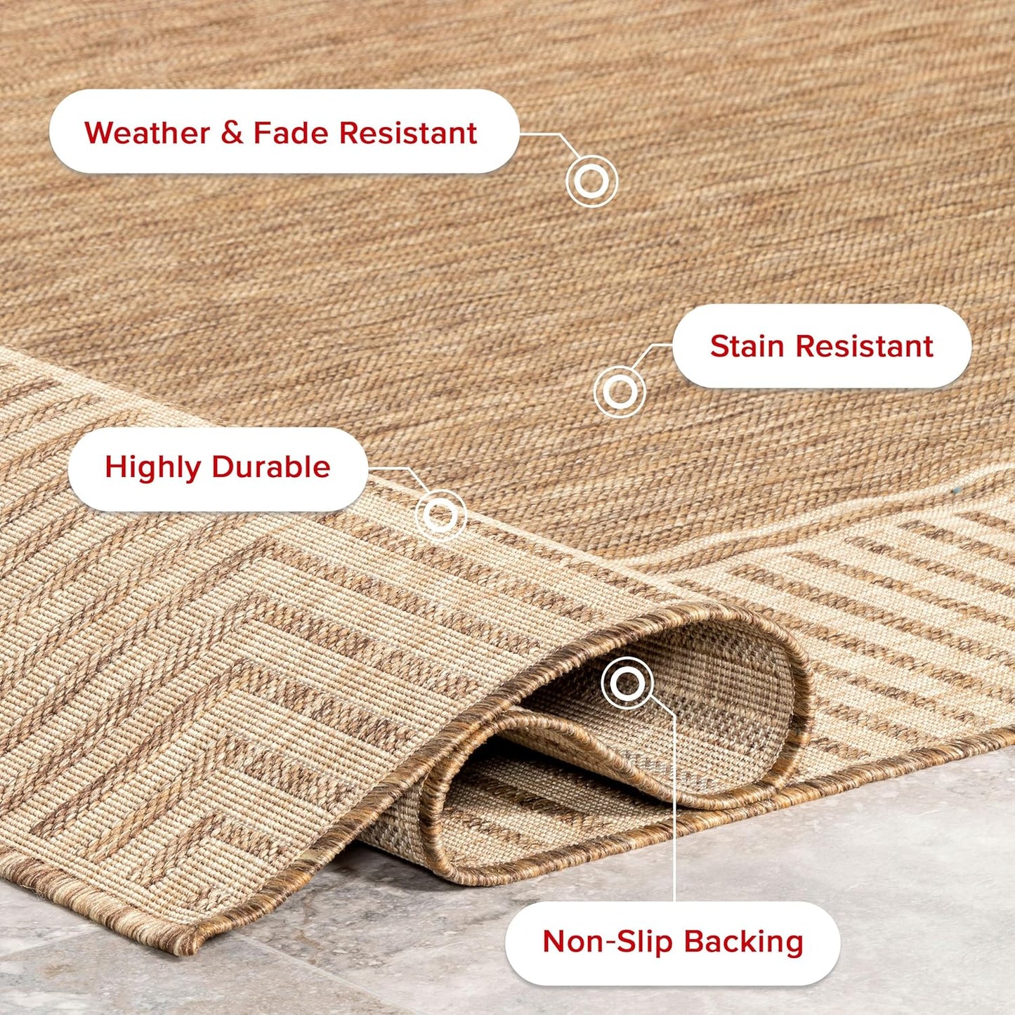 nuLOOM 6'7" Round Outdoor Area Rug, Casual Design With Striped Border, Stain Resistant, Highly Durable, For Patio, Balcony, Bedroom, Living Room, Dining Room, Bathroom, Light Brown