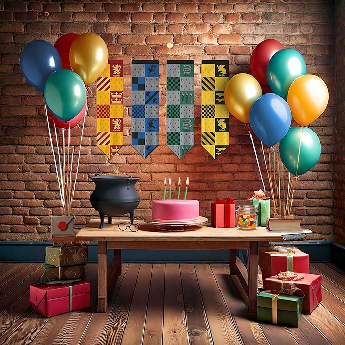 Conquest Journals Harry Potter Small Hogwarts House Quidditch Flags, Set of 4, Polyester, 8'' x 29'', Gryffindor, Slytherin, Ravenclaw & Hufflepuff Banners, Party and Wall Decor, Officially Licensed
