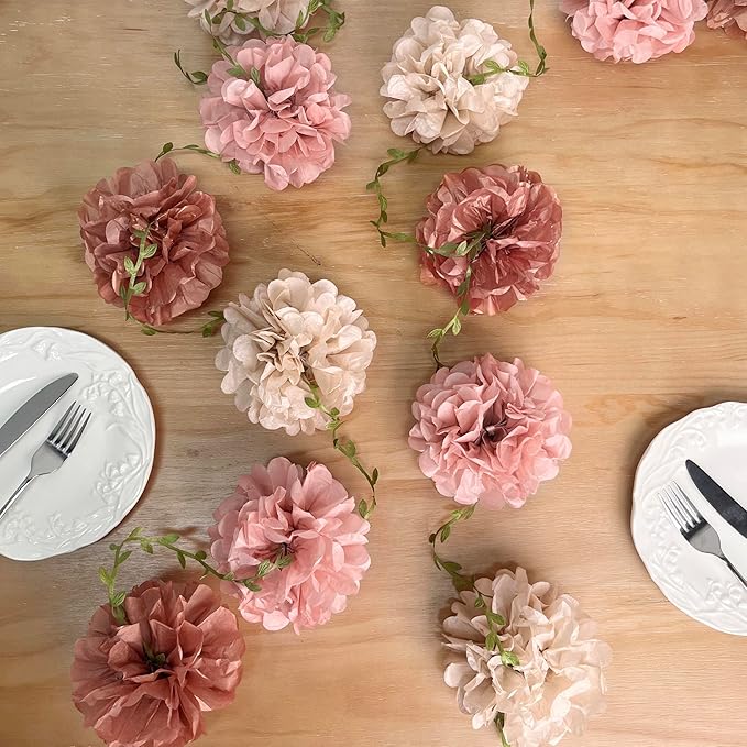 Dusty Pink Party Decorations Rose Gold Dusty Pink Beige Tissue Paper Flowers Pom Pom with Leaf Ribbon Hanging Garland Streamer for Birthday Baby Shower Wedding Bridal Shower Engagement Party Supplies