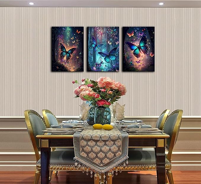 3Pcs Framed Butterfly canvas Wall Art Fantasy forest butterfly wall decoration picture Butterflies poster print Painting Modern Artwork for Home Bathroom Bedroom Living Room Decoration Ready to Hang