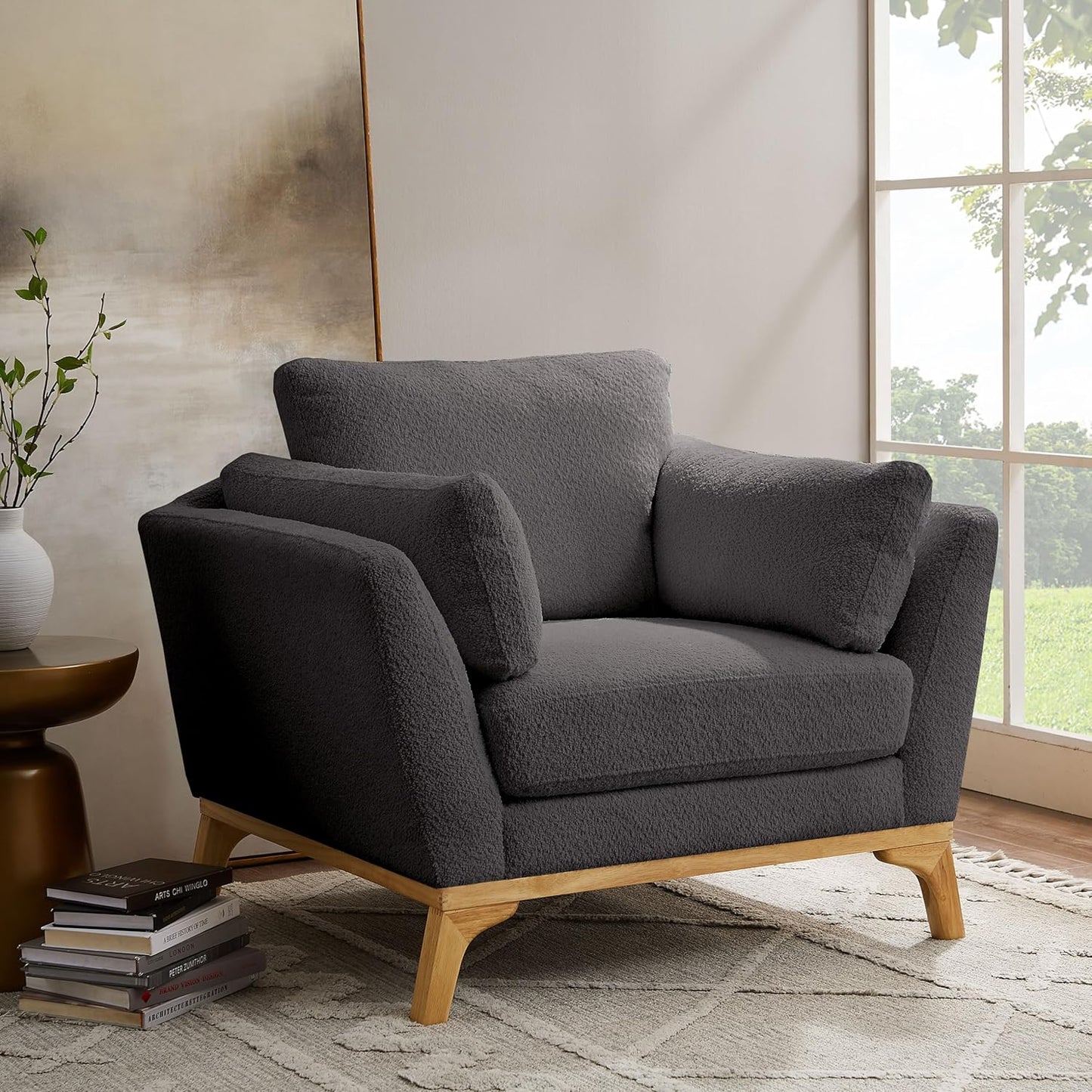 Large-Sized Accent Chair, Thick Cushion Bedroom Reading Chair, Comfortable Living Room Single Sofa， Boucle Dark Gray