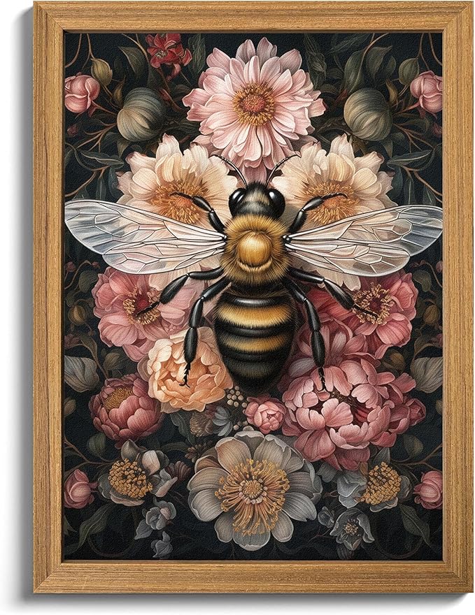 Framed Vintage 3D Textured Wall Art - Dark College Bee Flowers Wall Decor - Hand Drawn Sandstone Nature Botanical Pictures for Living Room Bedroom Home Decor 8x10in