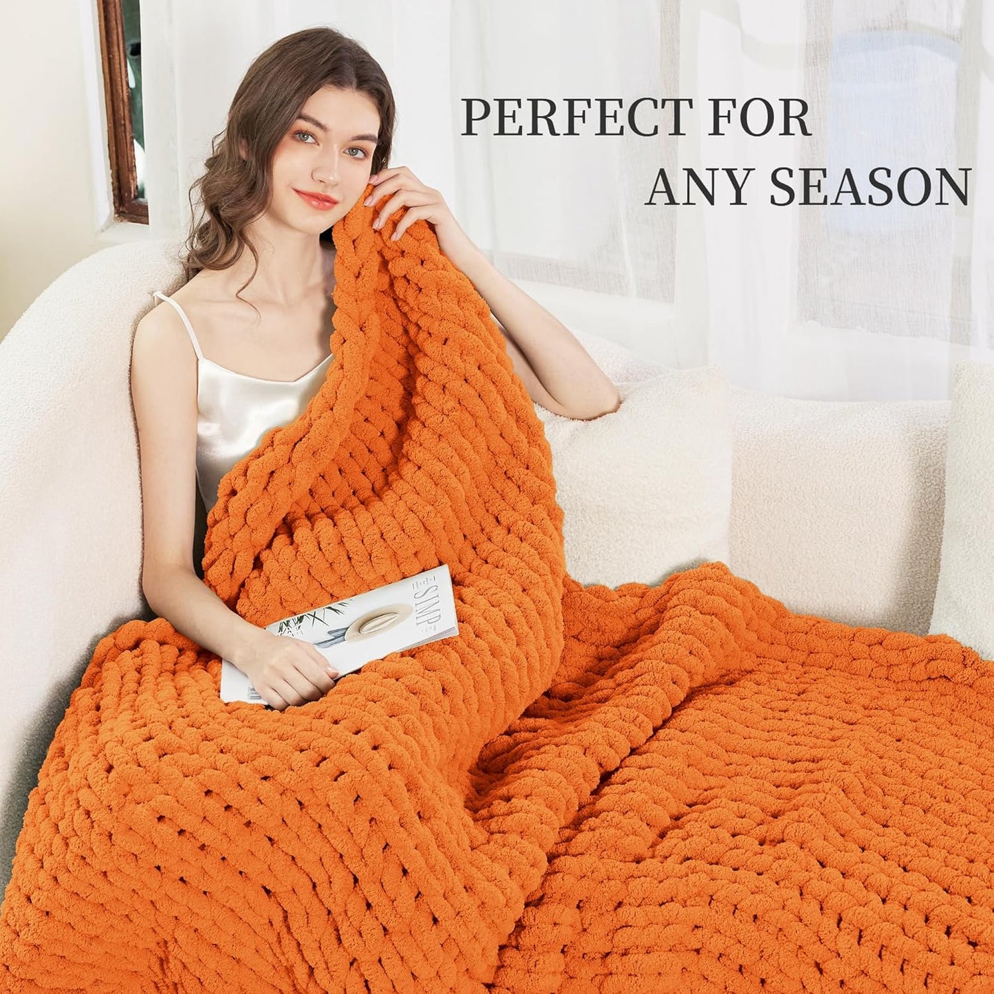 Admitrack Chunky Knit Blanket Throw, 100% Hand Knit Chenille Throw Blanket for Sofa & Home Decor, Soft and Cozy Knitted Throw Blankets (Orange, 51"x63")