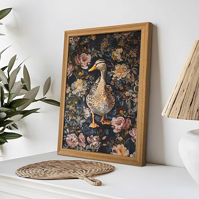 Vintage Duck Framed Wall Art, William Morris Floral Wall Decor, Cottagecore 3D Textured Art Print, Hand Drawn Sandstone Nature Botanical Pictures for Living Room Bedroom 12x16 inch