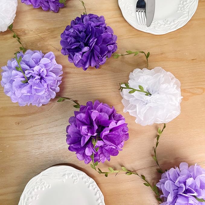 Ombre Purple White Party Decorations Lavender White Tissue Paper Flowers Pom Pom with Leaf Ribbon Hanging Garland Streamer for Birthday Baby Shower Bachelorette Wedding Lilac Violet Party Supplies