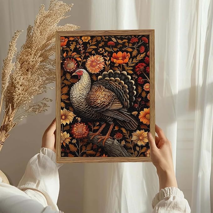 Framed Vintage Turkey 3D Textures Wall Art – Fall Floral Thanksgiving Wall Decor, Rustic Autumn Harvest Bird Artwork Painting for Living Room Kitchen Dining Room – 12x16in