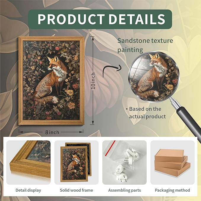 Framed 3D Textured Vintage Wall Art - Dark Academia Decor Hand Drawn Sandstone Fox Paintings with Botanical Florals, Aesthetic Wall Decor for Living Room Bedroom Home 8x10 inch