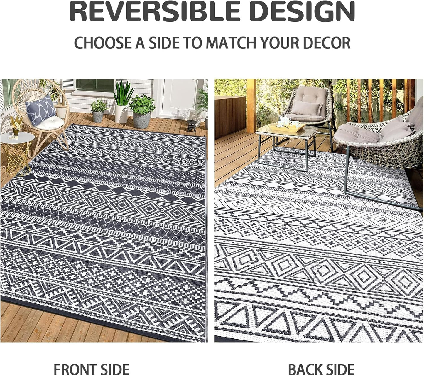 GAOMON Outdoor Rug Waterproof 8'x10', Reversible Outdoor Plastic Straw Rug, Boho Patio Rug, Indoor Outdoor Carpet, RV Mat Outside for Patio, Camp, Picnic, Balcony, Deck, Grey/White(Bohemia)