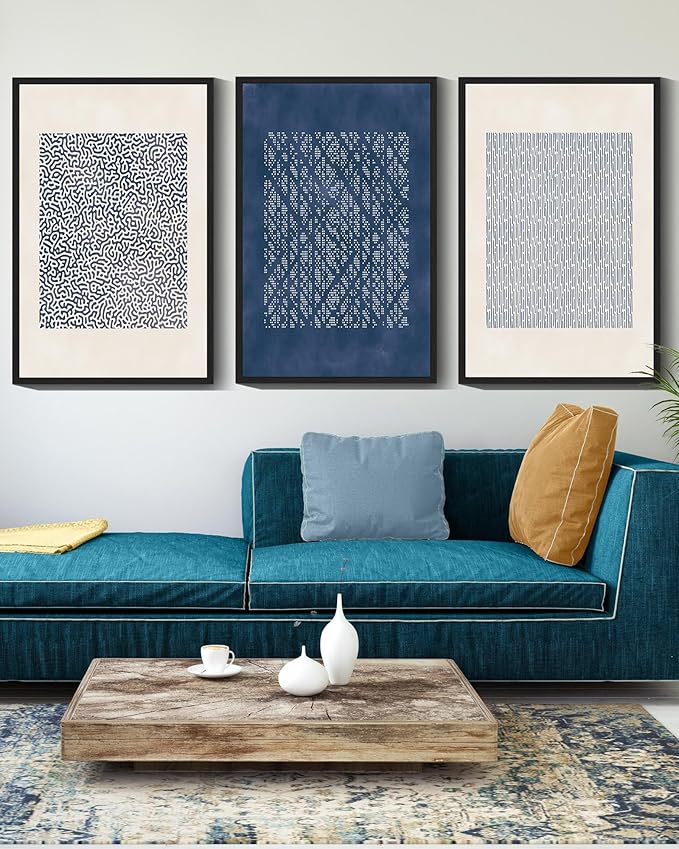 Drsoum Blue Mid-Century Modern Framed Wall Art Large 16x24in Minimalist Abstract Boho Wall Decor Geometric Artwork Kitchen Dining Room Black Framed
