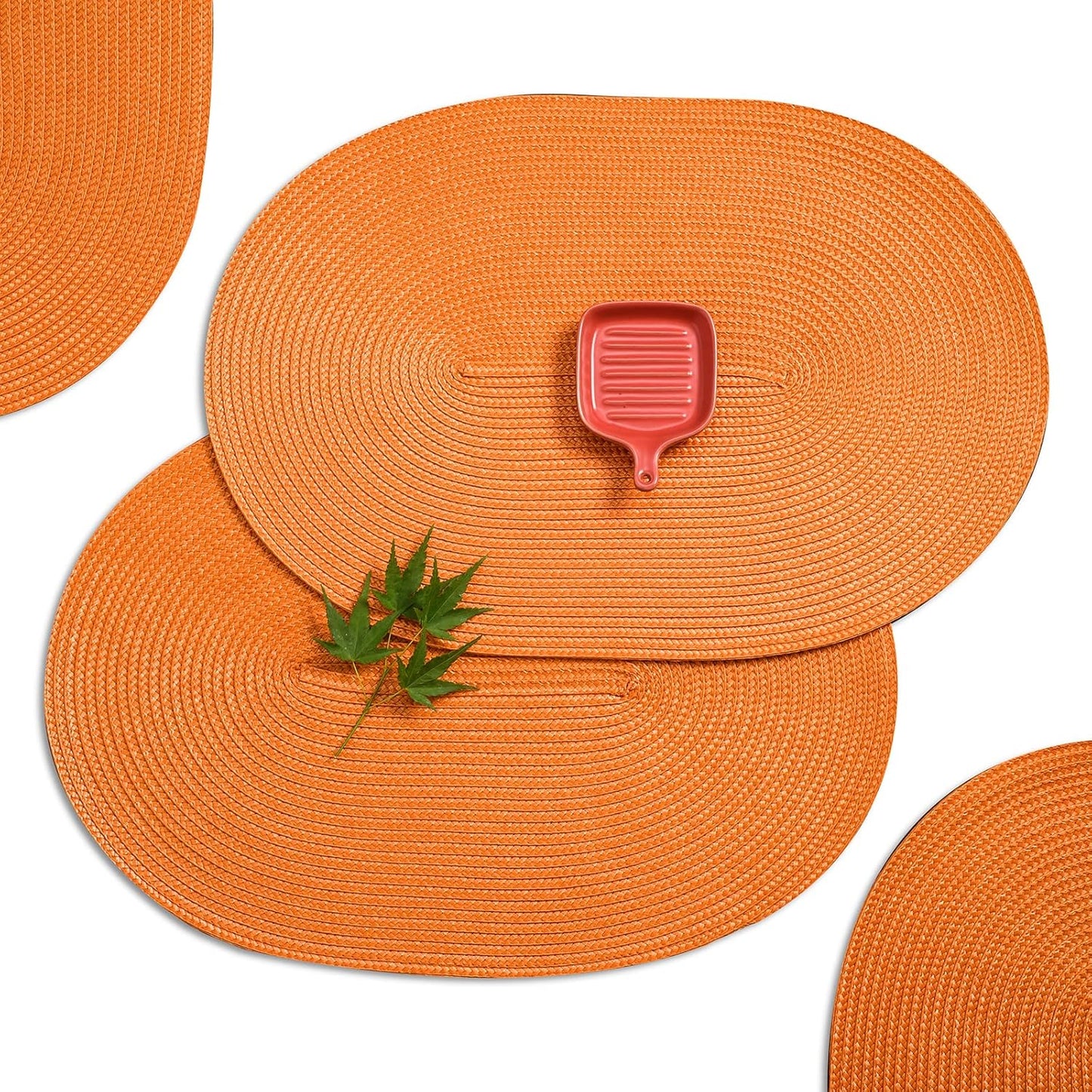 AHHFSMEI Placemats Set of 6 for Dining Table Washable Woven Vinyl Non-Slip 18x12 inches Placemat Heat-Resistant Durable Table Mats for Dining Table Easy to Clean(Oval Orange,6)