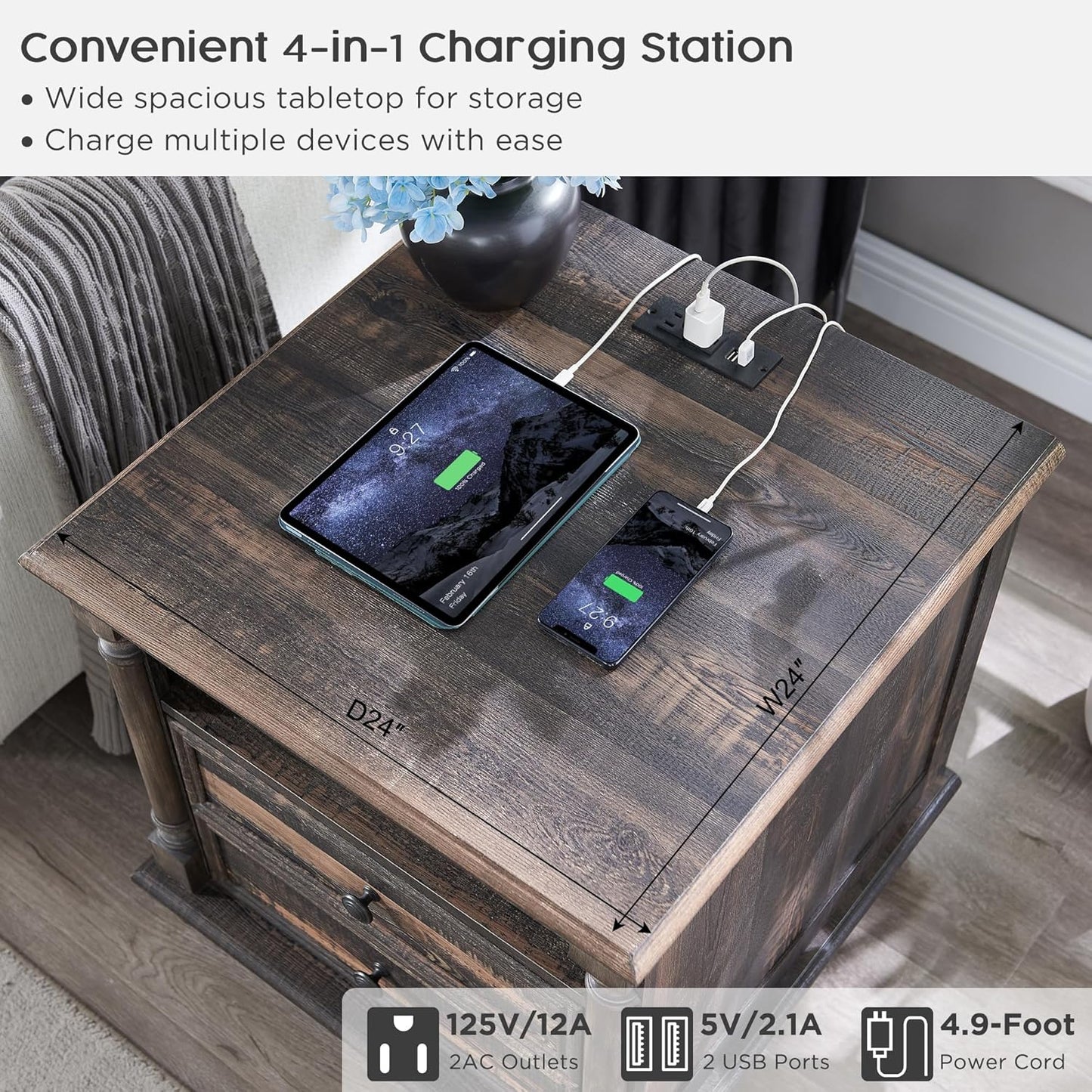 T4TREAM 24'' Farmhouse End Table w/4 Solid Wood Feet, Large 2 Drawers Wide Sofa Side Table with Charging Station, Tall Rustic Wood Square Nightstand for Living Room, Bedroom, Office, Dark Rustic Oak