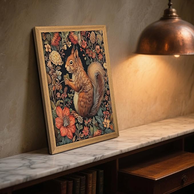 Framed Vintage Squirrel Wall Art, 3D Textured Squirrel Among Flowers Painting Art, Hand Drawn Sandstone Botanical Floral Pictures, Modern Farmhouse Wall Decor for Living Room Bedroom 12x16 inch