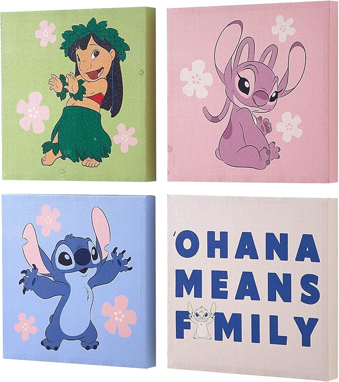 Disney Lilo & Stitch and Angel Canvas Wall Art – 4-Piece Set for Kids’ Room Décor, Each Print 12"x12", Colorful and Fun Artwork for Bedroom, Nursery, or Playroom