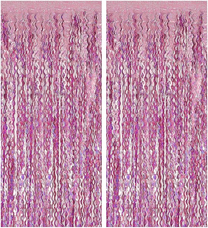 Pink Streamers Fringe Backdrop Tinsel Foil Fringe Curtains Wavy Backdrop for Party Sparkle Metallic Pink Curtain Photo Booth Props for Birthday Wedding Valentines Day Bachelorette Decorations
