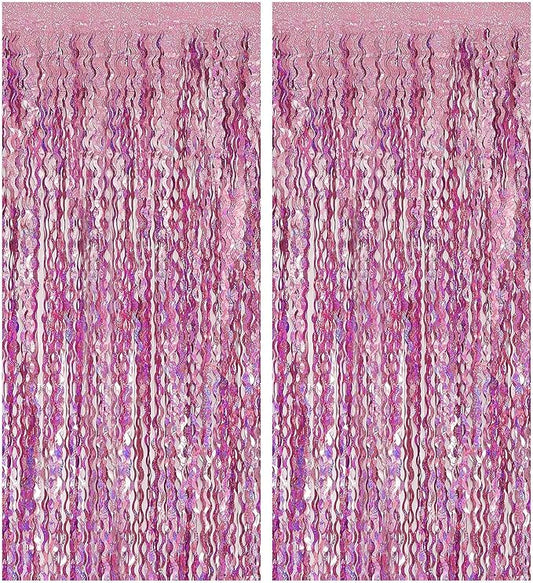 Pink Streamers Fringe Backdrop Tinsel Foil Fringe Curtains Wavy Backdrop for Party Sparkle Metallic Pink Curtain Photo Booth Props for Birthday Wedding Valentines Day Bachelorette Decorations