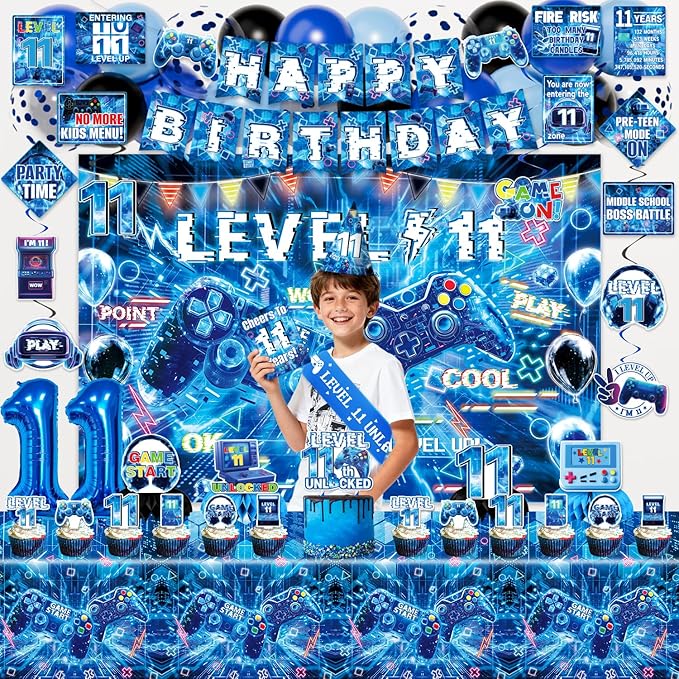 Mpanwen Gamer 11th Birthday Decorations for Boys, Blue Video Game Level 11 Bday Party Decor Supplies for 11 Years Old Boy with Backdrop, Tablecloth, Centerpiece, Hanging Swirls, Hat, Wall Signs
