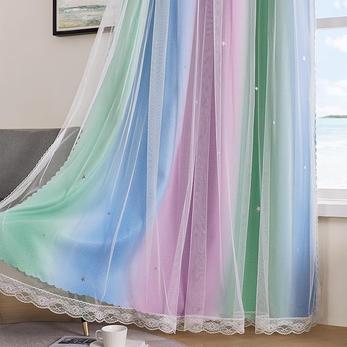 XiDi Blue & Rainbow Curtains for Kids & Girl Rooms - Blackout, Purple & Green 34x72 Inch Long 1 Panel with Unicorn Wall Decals