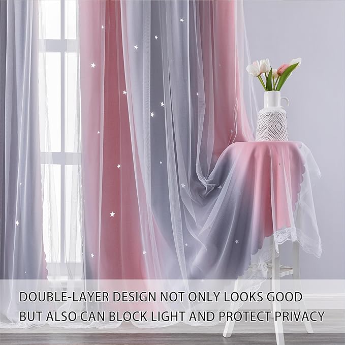 XiDi Dream Star Blackout Curtains for Kids Rooms Girl Princess Curtain for Daughter Bedroom Window (Pink Grey, W52 X L72)