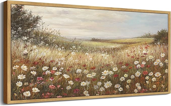 SHENIFY Vintage Framed Wall Art Meadow with Flowers Landscape Scenery Home Decor Retro Wildflower Field Decorations for Farmhouse Bedroom Ready to Hang Wall Artwork - 20x40in Natural Framed