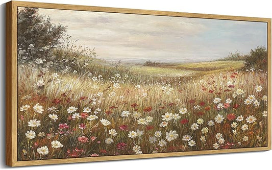 SHENIFY Vintage Framed Wall Art Meadow with Flowers Landscape Scenery Home Decor Retro Wildflower Field Decorations for Farmhouse Bedroom Ready to Hang Wall Artwork - 20x40in Natural Framed
