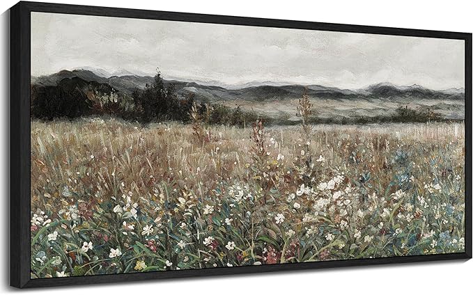 SHENIFY Vintage Landscape Framed Wall Art Meadow Flowers Farmhouse Decor Retro Classic Painting for Kitchen Bedroom Living Room Bathroom - 8x16in Black Framed