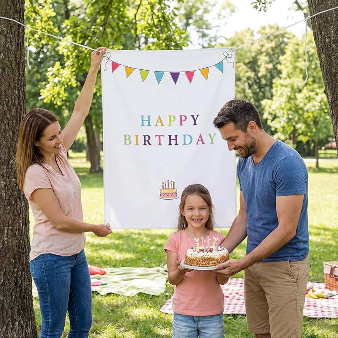 Oudain 29x39 Inch Happy Birthday Burlap Banner, Fabric Party Decorations Backdrop, Boho Rustic Photo Props Sign with Hanging String for Birthday Party Indoor Outdoor Yard Wall Decor, Style 2