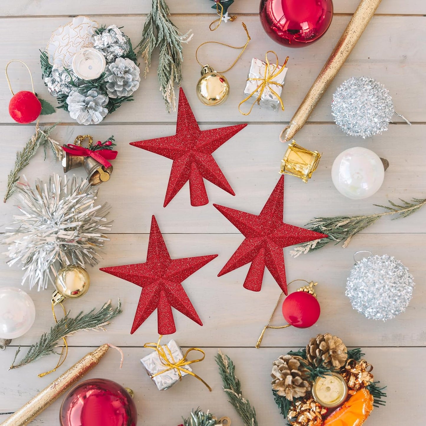 1PCS Star Tree Topper, 4" Red Christmas Tree Topper Glitter Decorations, Mini Bethlehem Star Xmas Shatterproof Tree Decorations, Waterproof Xmas Decor for Holiday Home Indoor/Outdoor Ornament