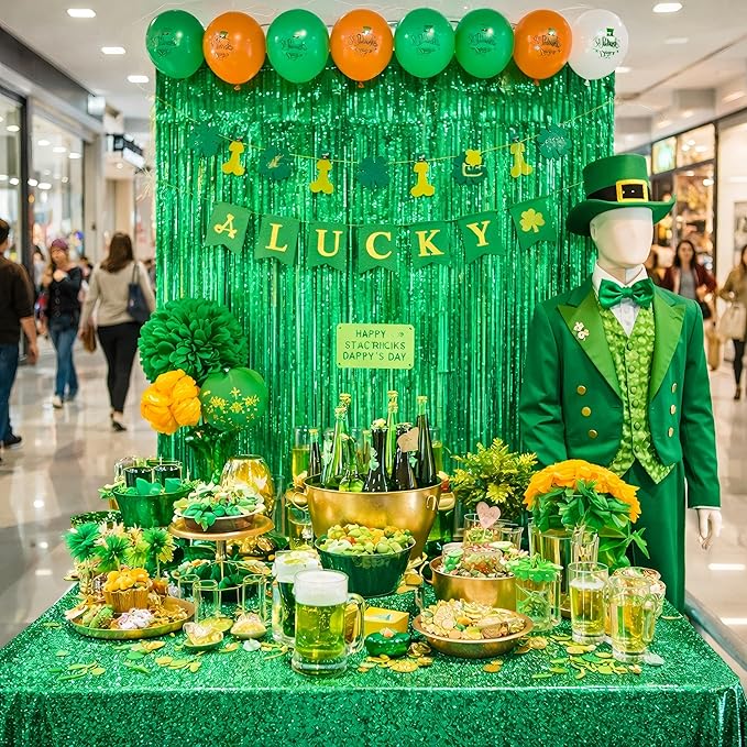 St Patricks Day Decorations Green Fringe Curtain Backdrop 3 Pack 3.2 x 8.2 ft Foil Party Decorations for Birthday, Baby Shower & Graduation – Melsan