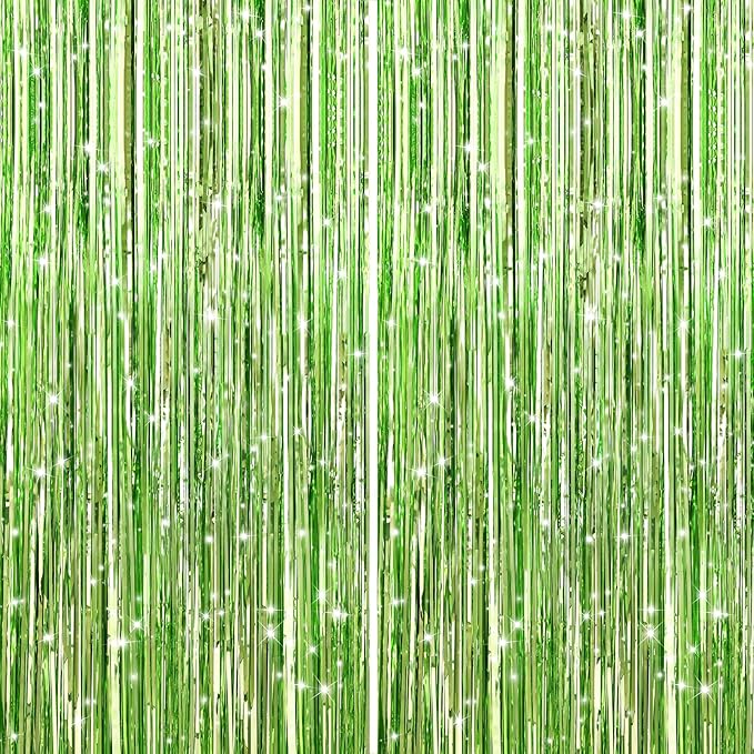 2Pack Light Green Foil Curtain Backdrop Green Metallic Tinsel Foil Fringe Curtains Photo Booth Props for Birthday Wedding Engagement Baby Shower Bachelorette Xmas Holiday Celebration Party Decors