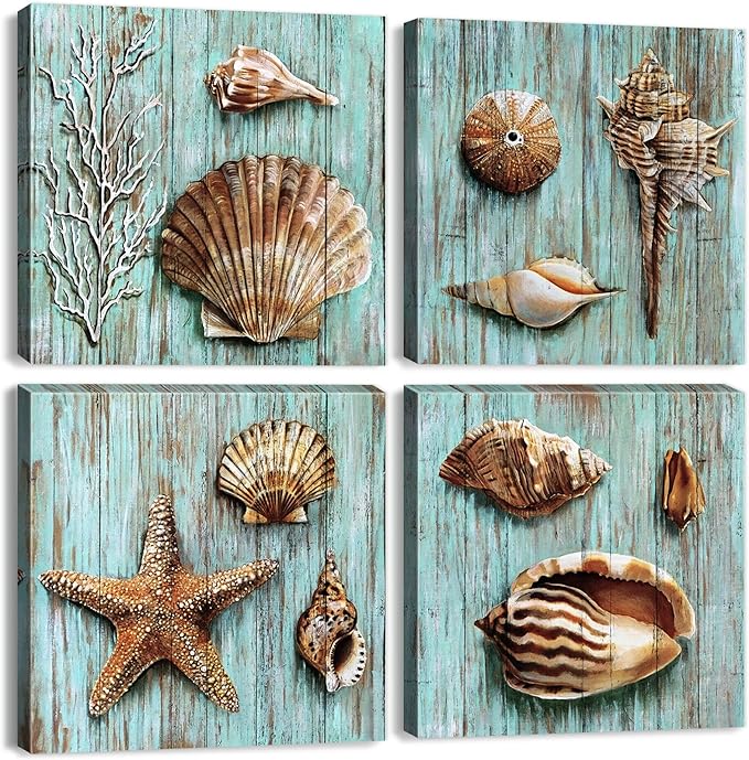 YOOOAHU Seashell Wall Art Vintage Coastal Wall Decor Nautical Bathroom Decor Rustic Beach Theme Pictures Teal Blue Ocean Starfish Canvas Paintings Posters Beachy Artwork Home Decorations 12x12 4 Pcs