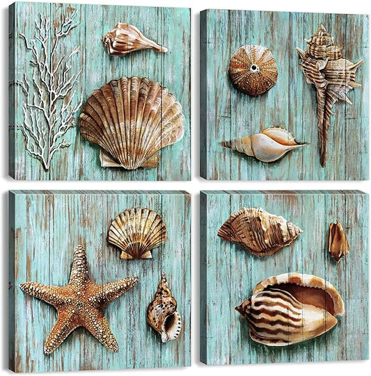 YOOOAHU Seashell Wall Art Vintage Coastal Wall Decor Nautical Bathroom Decor Rustic Beach Theme Pictures Teal Blue Ocean Starfish Canvas Paintings Posters Beachy Artwork Home Decorations 12x12 4 Pcs