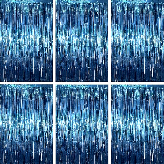 3.3 x 6.6 ft Foil Fringe Backdrop Curtains, Tinsel Streamers Party Decorations, Fringe Backdrop for Birthday, Baby Shower, Gender Reveal, Graduation (6, Retro Blue)