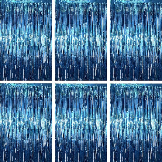 3.3 x 6.6 ft Foil Fringe Backdrop Curtains, Tinsel Streamers Party Decorations, Fringe Backdrop for Birthday, Baby Shower, Gender Reveal, Graduation (6, Retro Blue)