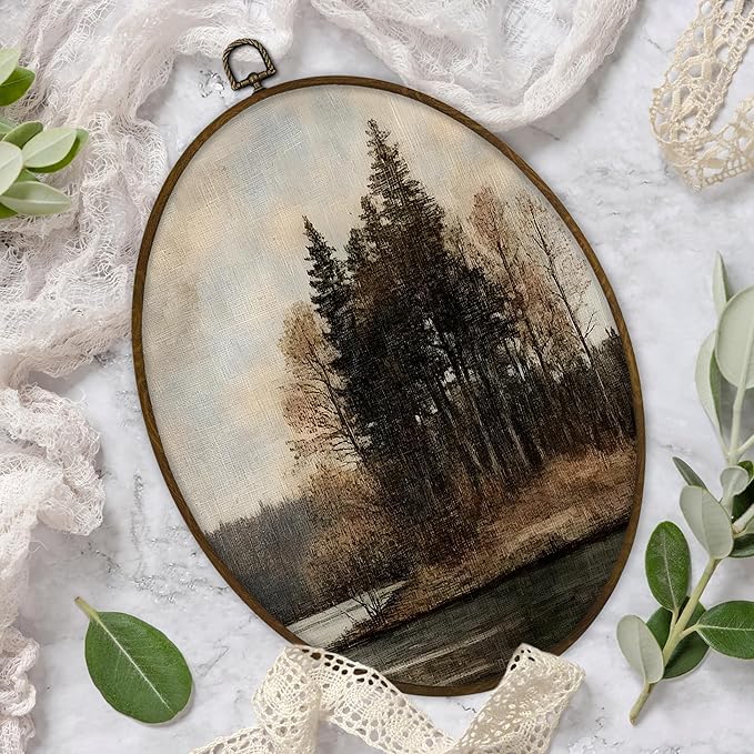 Gnmduw Moody Landscape Oval Wall Art Framed, Rustic Neutral Farmhouse Canvas Prints Hanging Decor,Antique Fall Forest River Landscape Wall Decor for Bedroom Living Room Home, 8.7x11.3 Inch