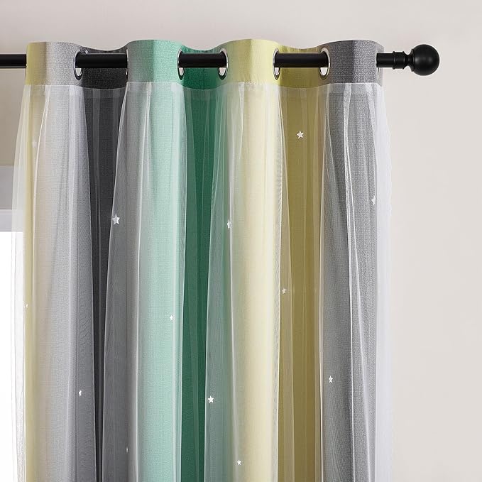 XiDi Yellow & Rainbow Curtains for Kids & Girls Room - Blackout, Grey & Green 52x63 Inch Long 1 Panel with Unicorn Wall Decals