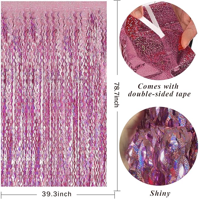 Pink Streamers Fringe Backdrop Tinsel Foil Fringe Curtains Wavy Backdrop for Party Sparkle Metallic Pink Curtain Photo Booth Props for Birthday Wedding Valentines Day Bachelorette Decorations