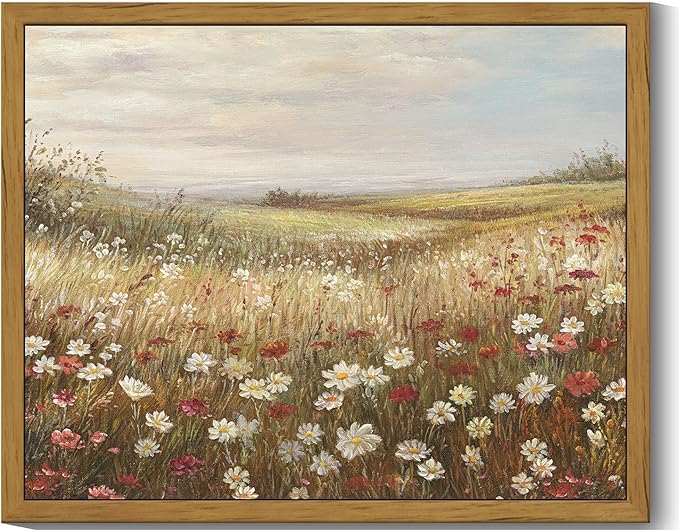 SHENIFY Vintage Framed Wall Art Meadow with Flowers Landscape Scenery Home Decor Retro Wildflower Field Decorations for Farmhouse Bedroom Ready to Hang Wall Artwork - 8x10in Natural Framed