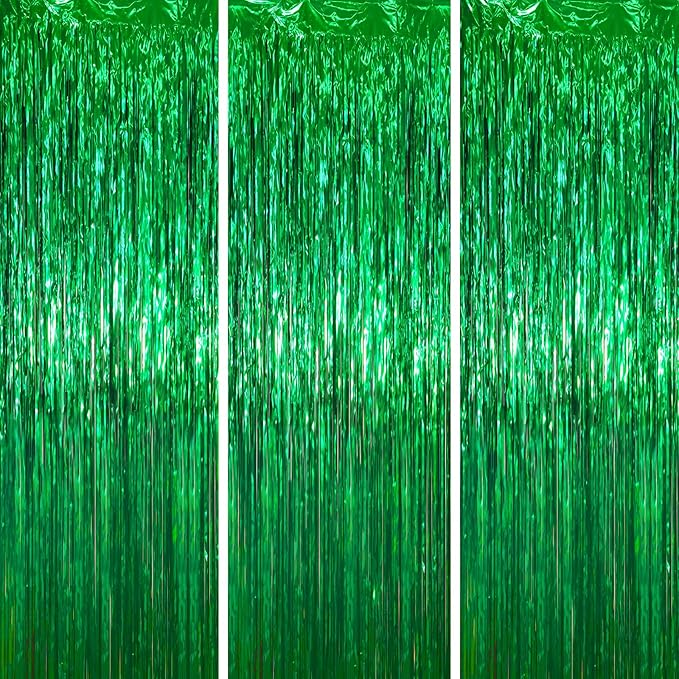 3.3 x 6.6 ft Foil Fringe Backdrop Curtains, Tinsel Streamers Party Decorations, Fringe Backdrop for Birthday, Baby Shower, Gender Reveal, Graduation (3, Green)