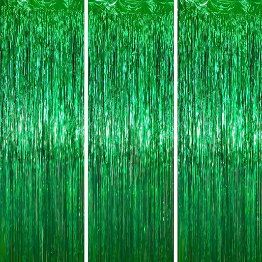3.3 x 6.6 ft Foil Fringe Backdrop Curtains, Tinsel Streamers Party Decorations, Fringe Backdrop for Birthday, Baby Shower, Gender Reveal, Graduation (3, Green)