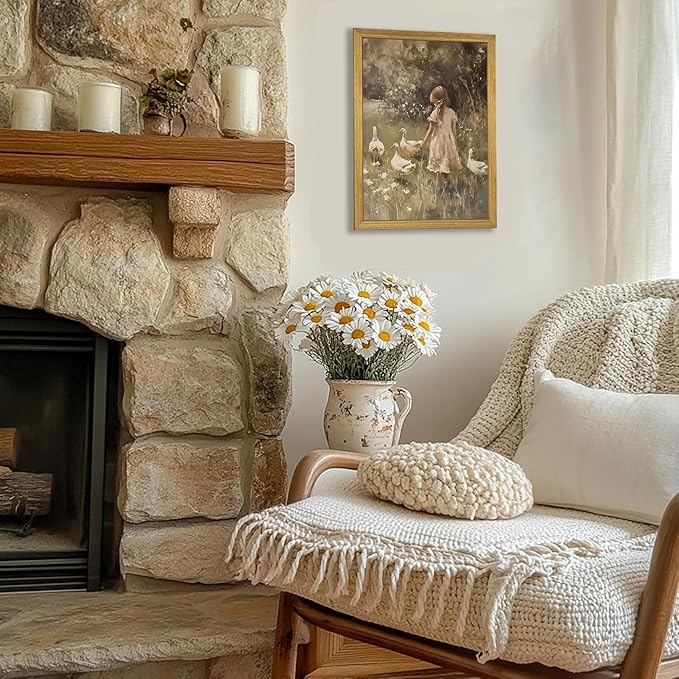 Wood Framed Canvas Wall Art, Vintage Girl with Ducks Painting Poster, Countryside Pastoral Landscape Print Picture, Rustic Farmhouse Wall Decor for Living Room Bedroom Nursery 12x16 inch