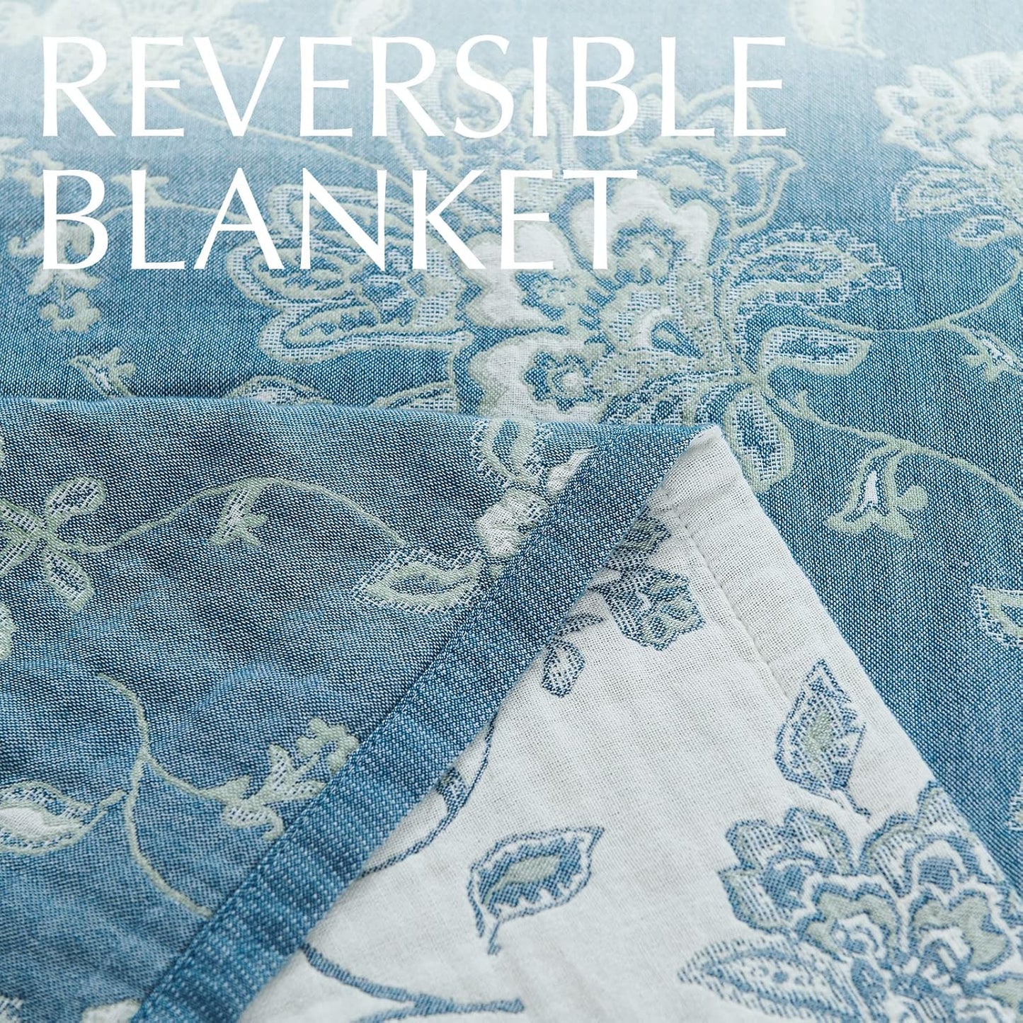 jinchan Boho 100% Cotton Muslin Twin Size 50x60 Inches Blanket Lightweight 4-Layer Quilted Soft Blue and White Floral Throw Blanket Green Accents Reversible Comfy Flower Breathable Summer Couch