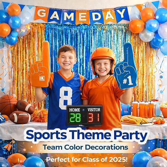 Melsan Heavy Duty Tinsel Fringe Curtain, 3 Pack 3.2 x 8.2 ft Extra Long Thicker Blue & Orange Streamers, Includes Adhesive + 3 Extra 3.1 Ft Tapes, Blue Dog Themed Birthday Backdrop & Photo Booth Prop