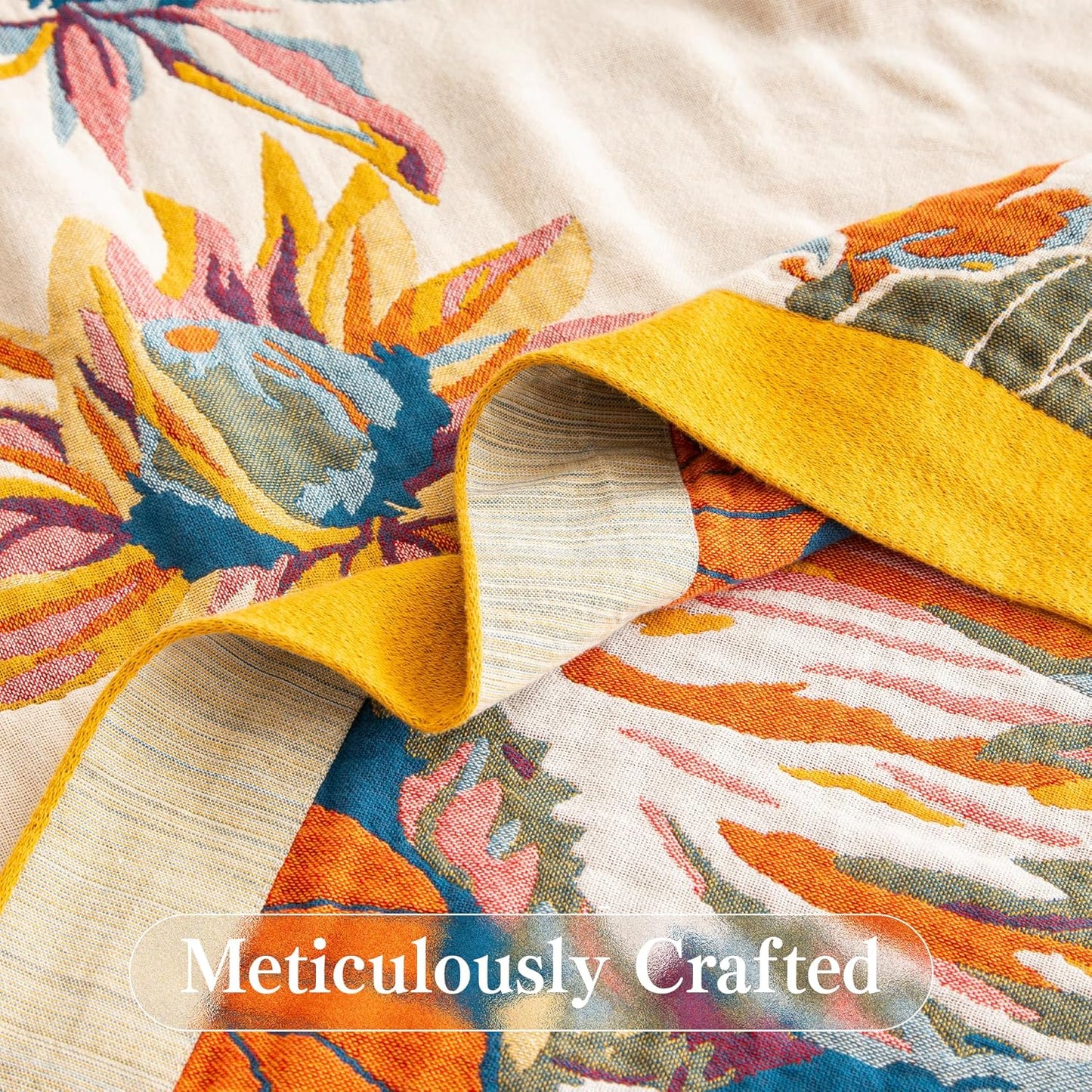 Boho Throw Blanket Throw Size, Soft Cozy Cotton Muslin Quilt Blanket for Bed Decor, Floral Patterned Couch Sofa Chair Cover, Vintage Farmhouse Cottage Tapestry Woven Blanket, Yellow&Blue